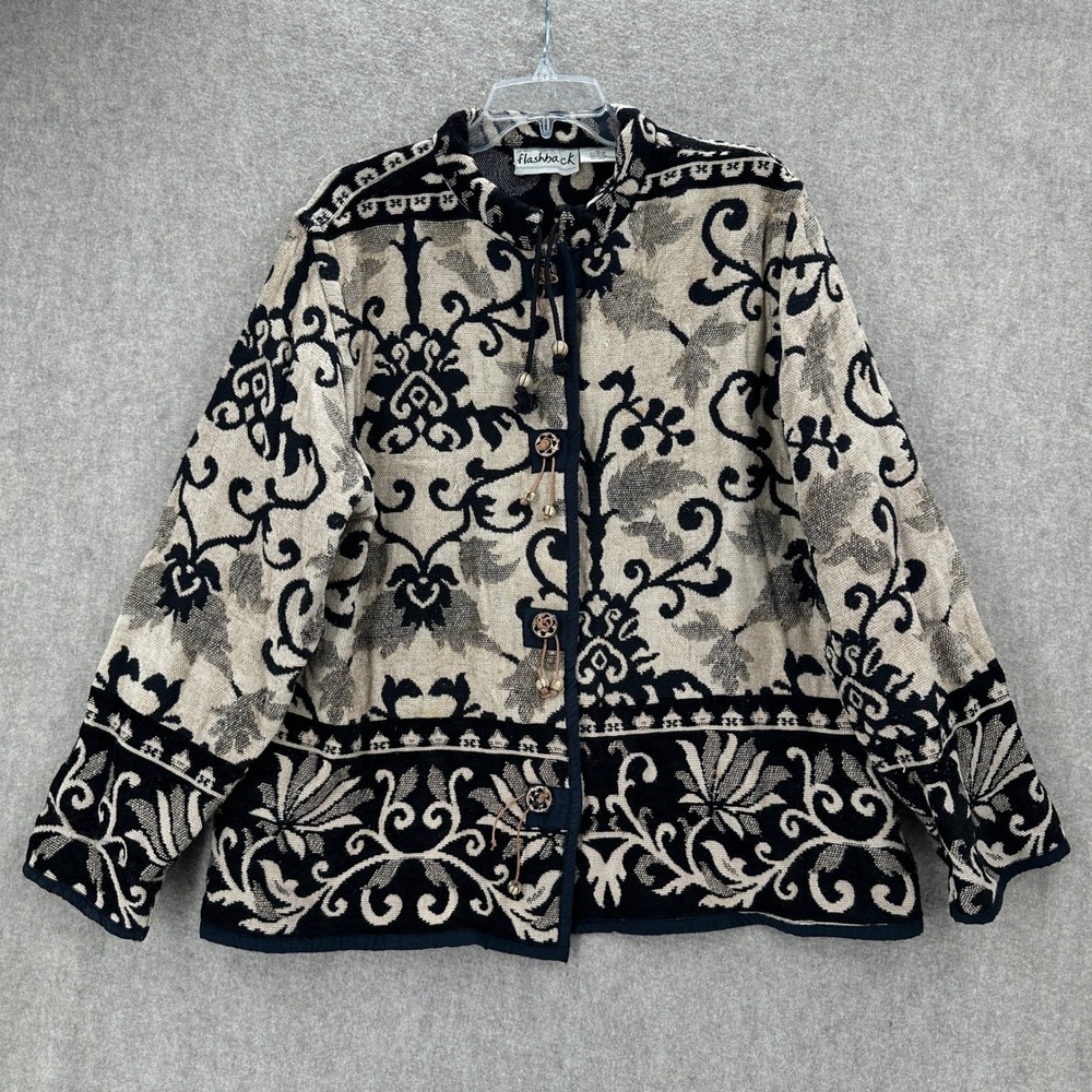Flashback Tapestry Jacket Womens 3X Black Beige Damask Floral Toggle Button Boho